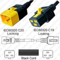 IEC320 C20 Male Plug to C19 Connector V-Lock 0.9 Meters / 3 Feet 16A/250V H05vv-F3g1.5 & 14/3 Sjt Black Locking Power Cord