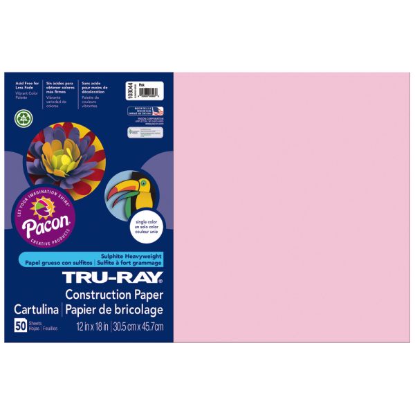 Tru-Ray Construction Paper, 50% Recycled, 12 X 18, Pink, Pack Of 50