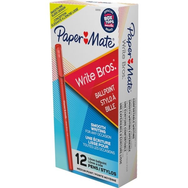 Paper Mate Write Bros. Ballpoint Pen, Stick, Medium 1 Mm, Red Ink, Red Barrel, Dozen