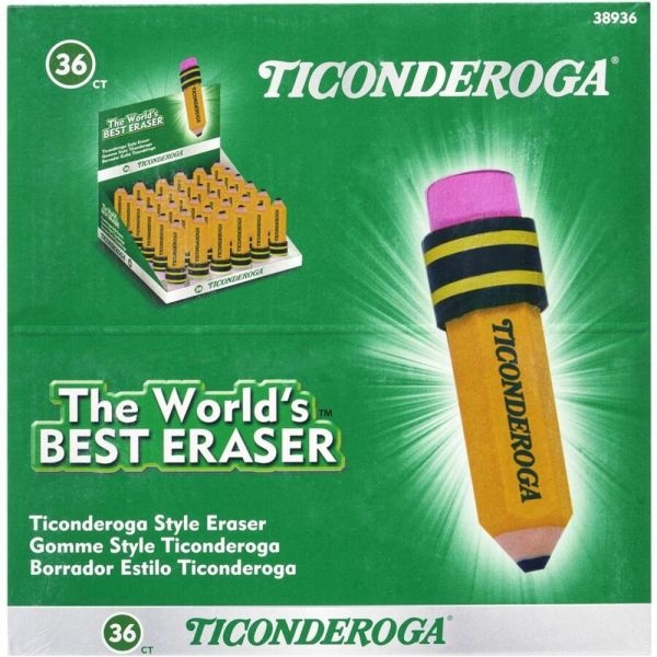 Ticonderoga Latex-Free Pencil-Shape Eraser - Yellow - Pencil - 36 / Box - Latex-Free, Smudge-Free, Non-Toxic