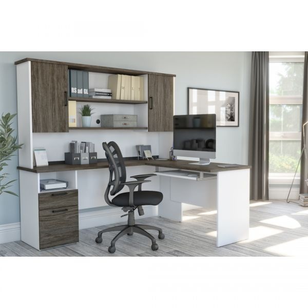 Bestar Norma L-Shaped Desk With Hutch - Walnut Grey & White