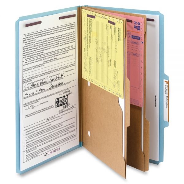 Smead Pressboard Classification Folders With Safeshield Fasteners And 2 Pocket Dividers, Legal Size, 50% Recycled, Blue, Box Of 10