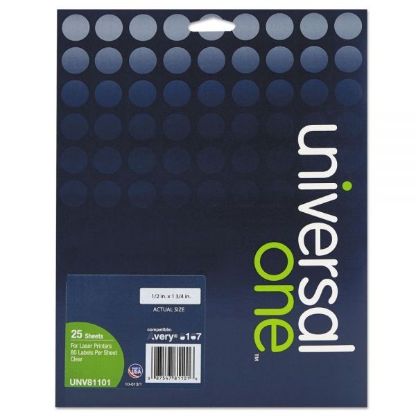 Universal Deluxe Clear Labels, Inkjet/Laser Printers, 0.5 X 1.75, Clear, 80/Sheet, 25 Sheets/Box