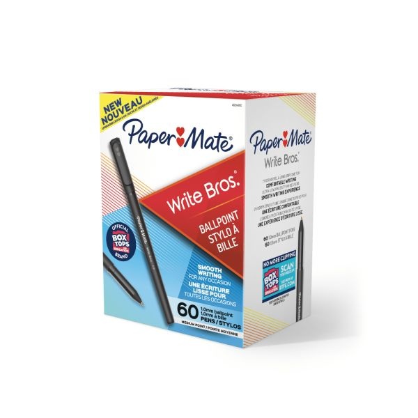 Paper Mate Write Bros. Ballpoint Stick Pens, Medium Point, 1.0Mm, Black Barrel, Black Ink, Pack Of 60