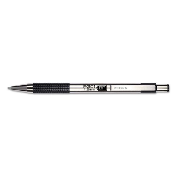 Zebra F-301 Ballpoint Pen, Retractable, Bold 1.6 Mm, Black Ink, Stainless Steel/Black Barrel, 12/Pack