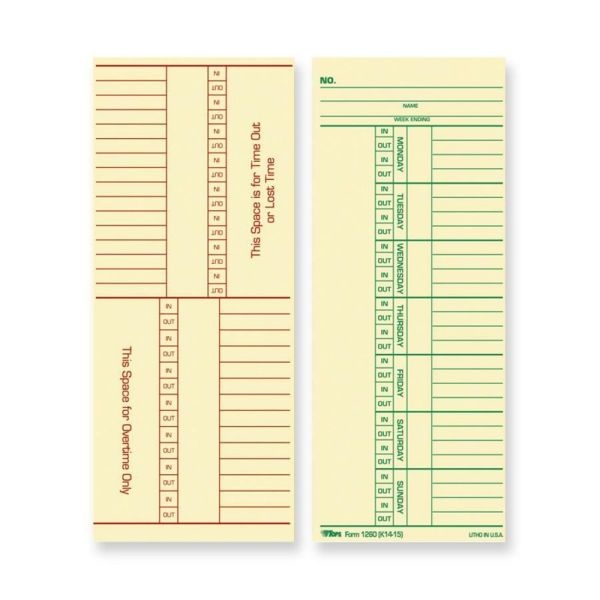 Tops Named Days/Overtime Time Cards - 3.37" X 8.25" Sheet Size - Yellow - Manila Sheet(S) - Green, Red Print Color - 100 / Pack