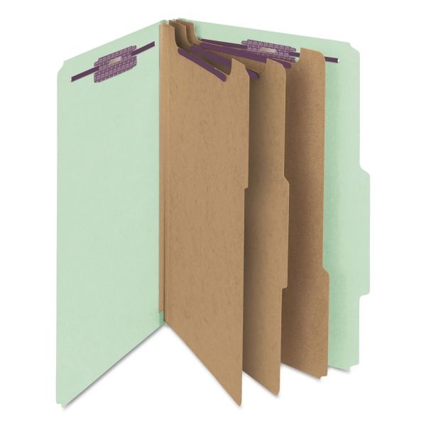 Smead Pressboard Classification Folders, Eight Safeshield Fasteners, 2/5-Cut Tabs, 3 Dividers, Legal Size, Gray-Green, 10/Box