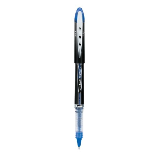 Uniball Vision Elite Rollerball Pens, Ultra-Fine Point, 0.5 Mm, Black Barrel, Blue Ink, Pack Of 12 Pens