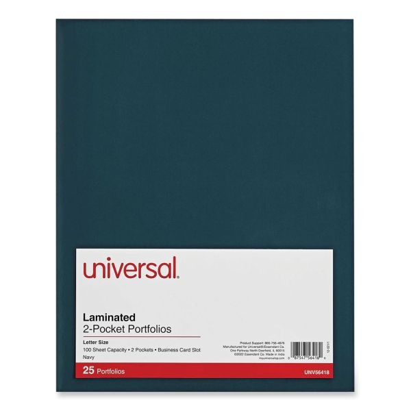 Universal Laminated Two-Pocket Folder, 100-Sheet Capacity, Navy, 25/Box