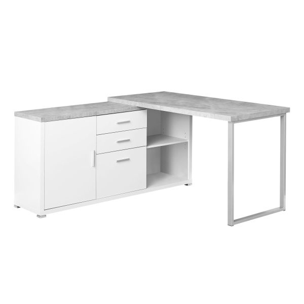 Computer Desk, Home Office, Corner, Left, Right Set-Up, Storage Drawers, 60"L, L Shape, Work, Laptop, White And Grey Cement-Look Laminate, Grey Metal, Contemporary, Modern
