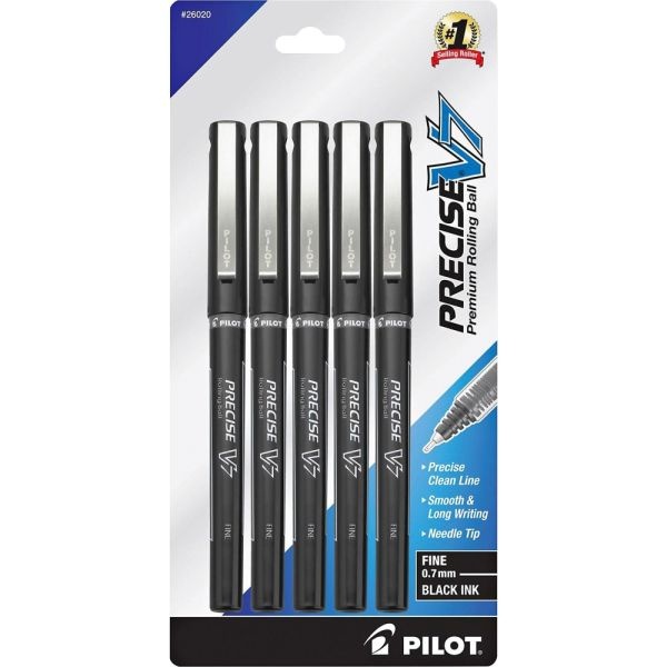 Pilot Precise V7 Liquid Ink Rollerball Pens, Fine Point, 0.7 Mm, Black Barrel, Black Ink, Pack Of 5