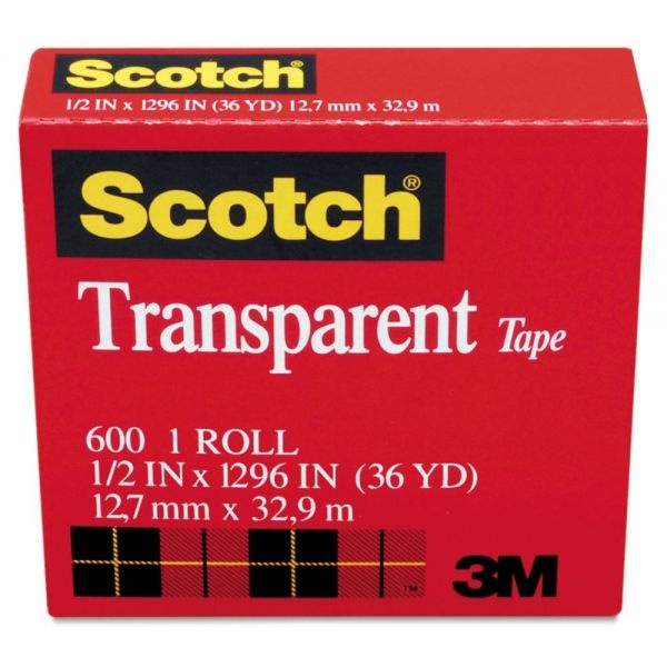 Scotch Transparent Tape, 1" Core, 0.5" X 36 Yds, Transparent