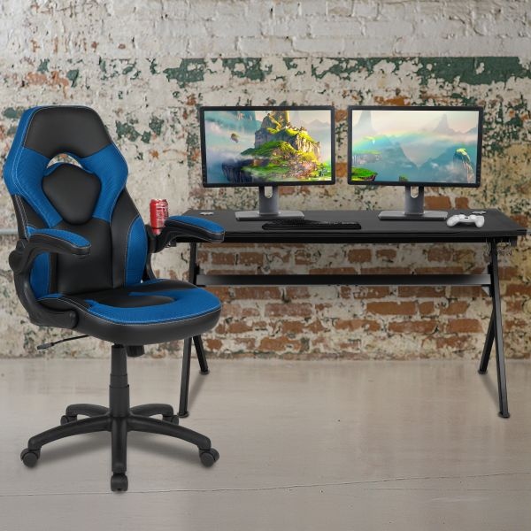 Optis Gaming Desk And Blue/Black Racing Chair Set /Cup Holder/Headphone Hook/Removable Mouse Pad Top - 2 Wire Management Holes