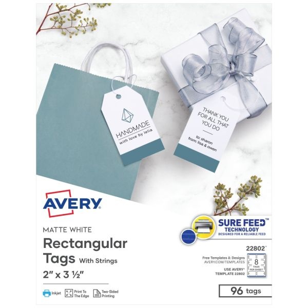 Avery Printable 2-Sided Printing Tags With Strings, 22802, 2" X 3 1/2", White, Box Of 96