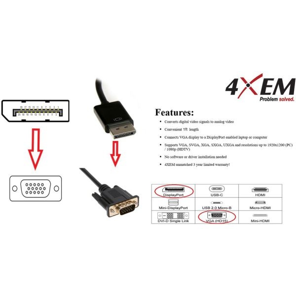 4Xem Displayport To Vga Adapter Cable