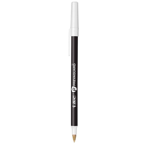 Bic Prevaguard Round Stic Pens With Antimicrobial Additive, Medium Point, 1.0 Mm, Black Barrel, Black Ink, Set Of 12 Pens