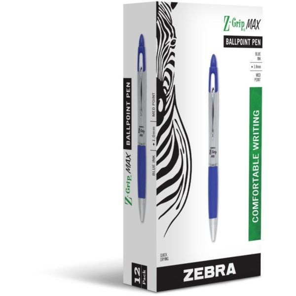 Zebra Z-Grip Max Ballpoint Pen, Retractable, Medium 1 Mm, Blue Ink, Silver Barrel, 12/Pack