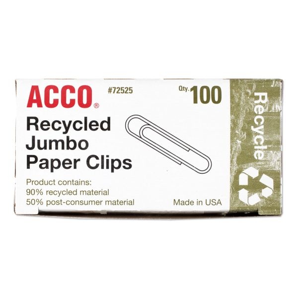 Acco Paper Clips, 1000 Total, Jumbo, 90% Recycled, Silver, 100 Per Pack, Box Of 10 Packs