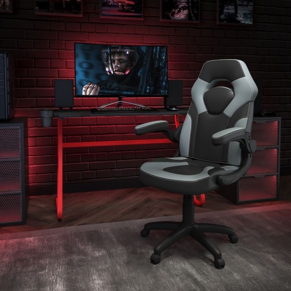 Optis Red Gaming Desk And Gray/Black Racing Chair Set With Cup Holder And Headphone Hook