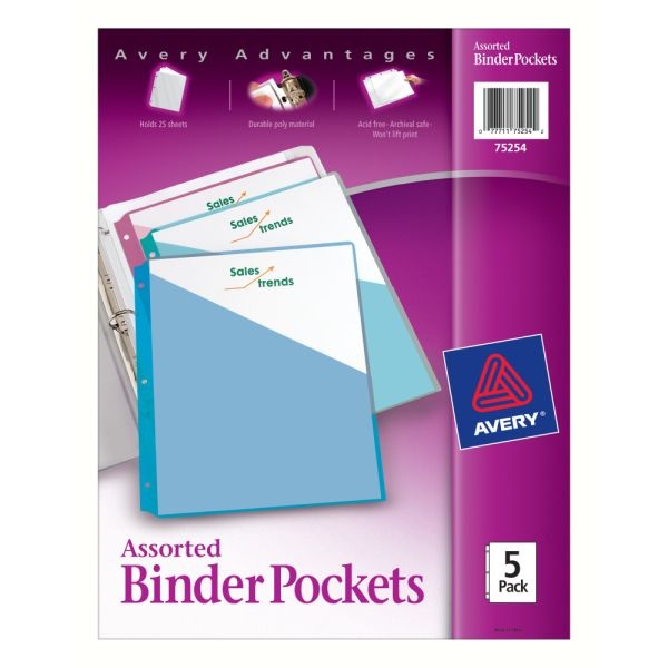 Avery Binder Pockets For 3 Ring Binders, Assorted (Blue, Clear, Green, Pink, Yellow), Pack Of 5 Binder Pockets