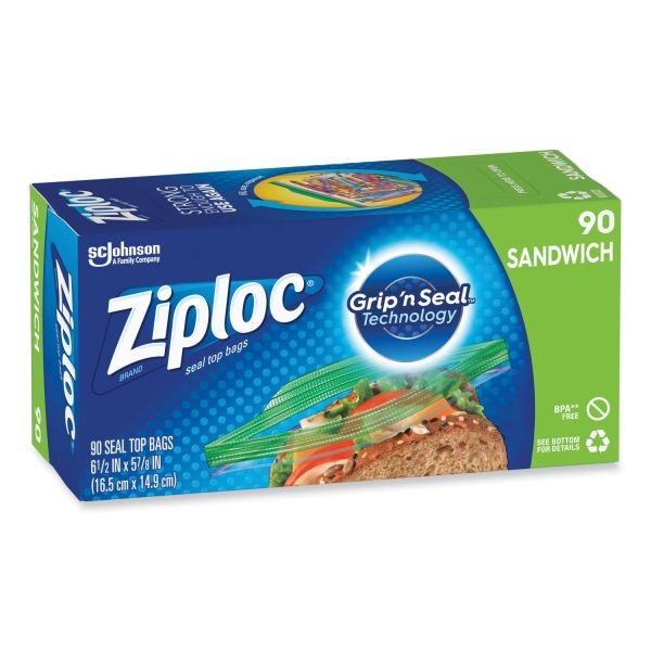 Ziploc Resealable Sandwich Bags, 1.2 Mil, 6.5" X 5.88", Clear, 90 Bags/Box, 12 Boxes/Carton