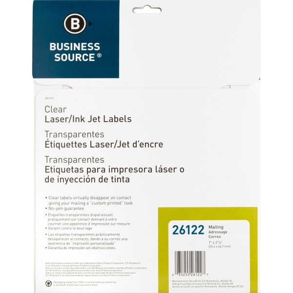 Business Source Mailing Address Labels - 1" Width X 2 3/4" Length - Permanent Adhesive - Rectangle - Laser - Clear - 30 / Sheet - 750 / Pack - Self-Adhesive