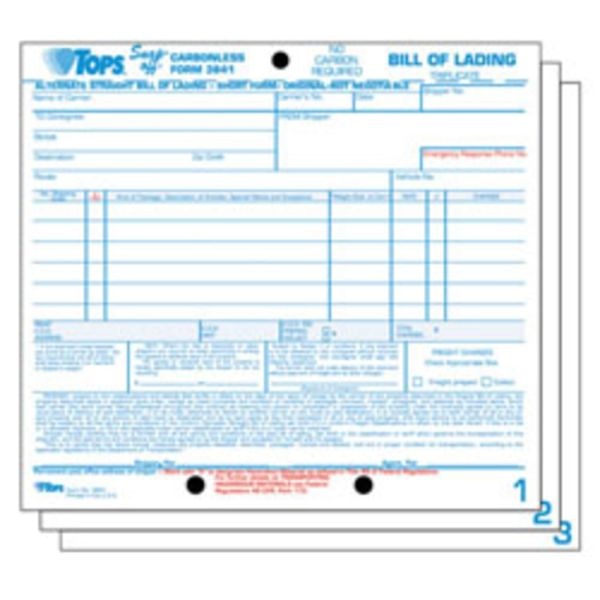 Tops Bills Of Lading Snap-Off Sets - 3 Partcarbonless Copy - 8.50" X 7.44" Sheet Size - White Sheet(S) - Blue, Red Print Color - 50 / Pack
