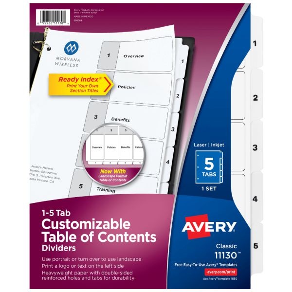 Avery Ready Index 1-5 Tab With Customizable Table Of Contents Dividers, Letter Size, 5 Tab, White, 1 Set