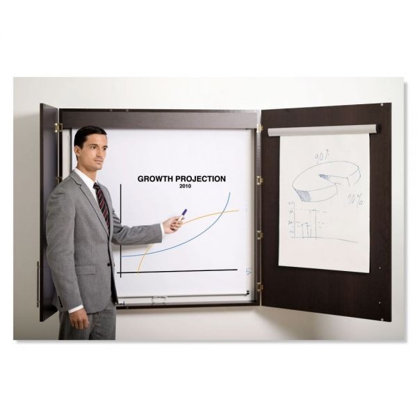 Mastervision Conference Cabinet, Porcelain Magnetic Dry Erase Board, 48 X 48, White Surface, Ebony Wood Frame