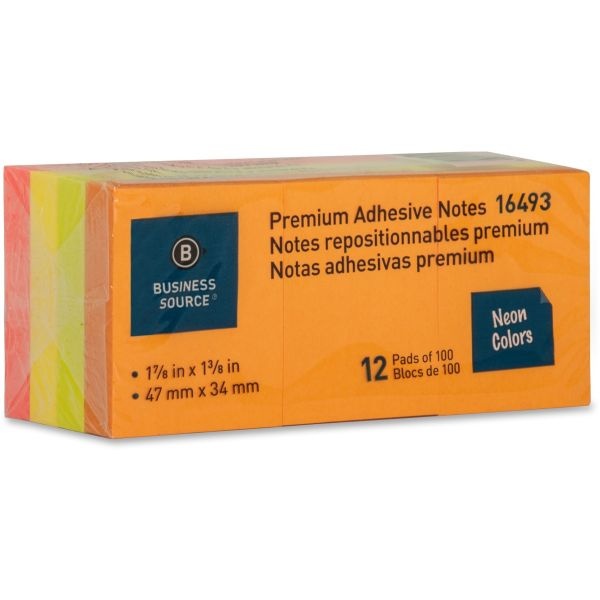 Business Source Premium Repostionable Adhesive Notes - 1 1/2" X 2" - Rectangle - Unruled - Neon - Self-Adhesive, Repositionable, Solvent-Free Adhesive - 12 / Pack