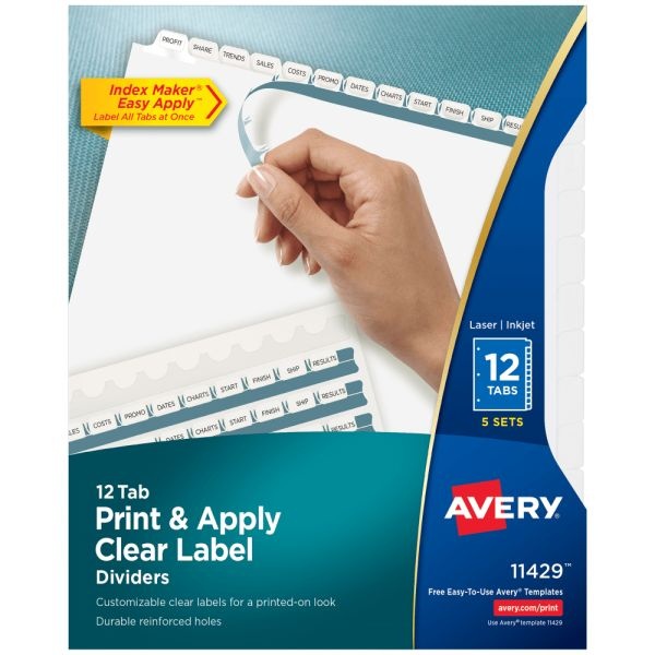 Avery Customizable Index Maker Dividers For 3 Ring Binder, Easy Print & Apply Clear Label Strip, 12 Tab, White, Pack Of 5 Sets