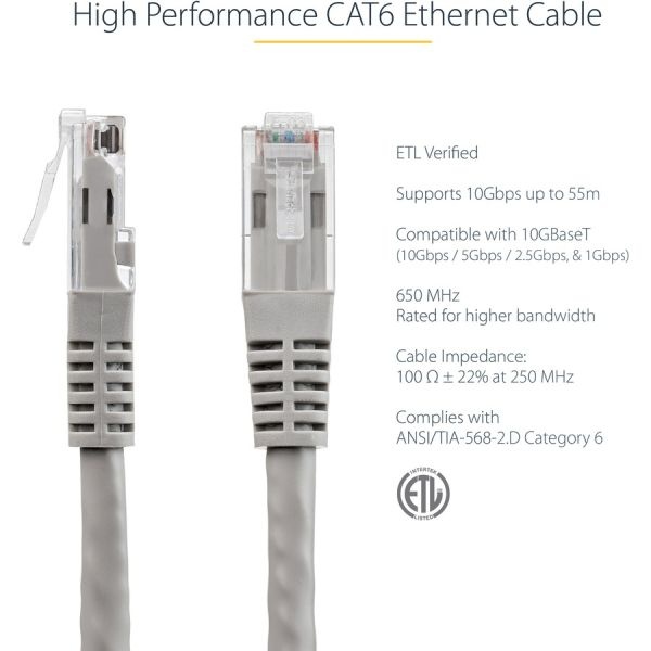 10Ft Cat6 Ethernet Cable - Gray Molded Gigabit - 100W Poe Utp 650Mhz - Category 6 Patch Cord Ul Certified Wiring/Tia