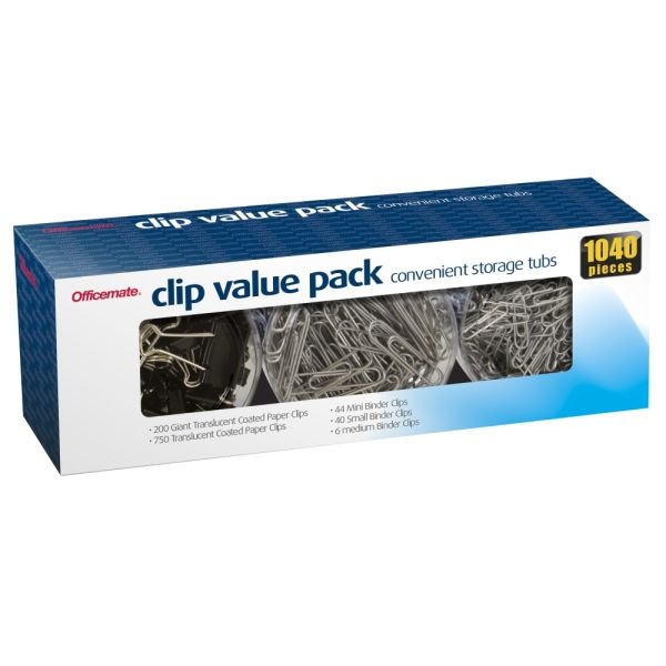 Officemate Clip Value Pack, 1", 10 Sheet Capacity, Assorted, Pack Of 1,040