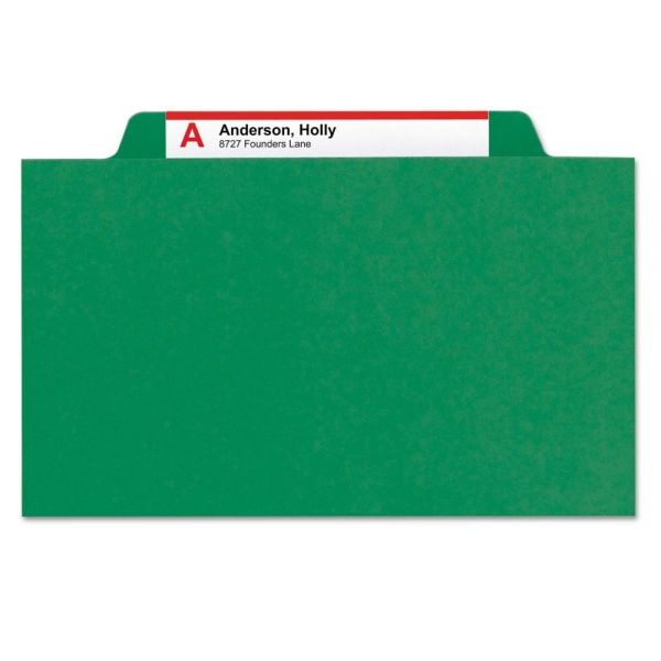 Smead Eight-Section Pressboard Top Tab Classification Folders With Safeshield Fasteners, 3 Dividers, Letter Size, Green, 10/Box