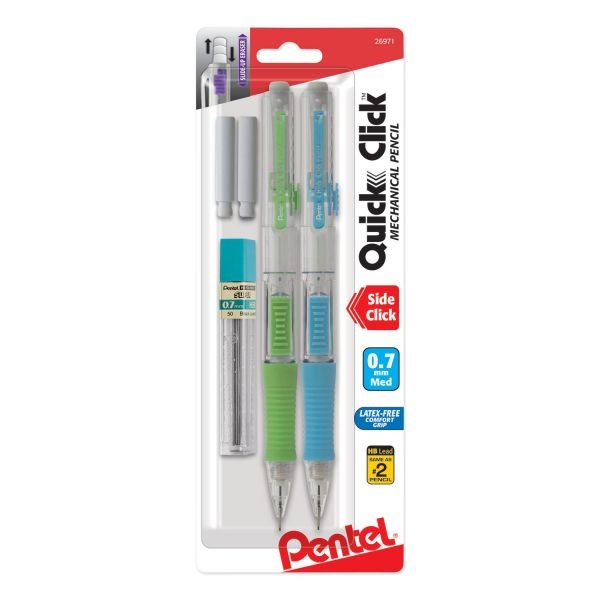 Pentel Quick Click Mechanical Pencils With Tube Of Lead/Erasers, 0.7 Mm, Hb (#2), Black Lead, Assorted Barrel Colors, 2/Pack