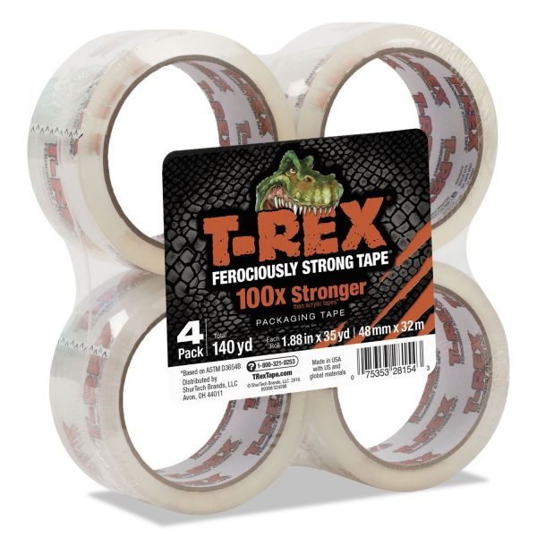 T-Rex Packaging Tape, 1.88" Core, 1.88" X 35 Yds, Crystal Clear, 4/Pack