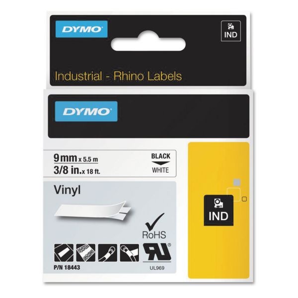 Dymo Rhino Permanent Vinyl Industrial Label Tape, 0.37" X 18 Ft, White/Black Print