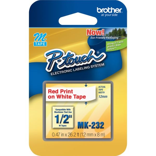 Brother Mk-232 Red-On-White Tape, 0.5" X 26.2'