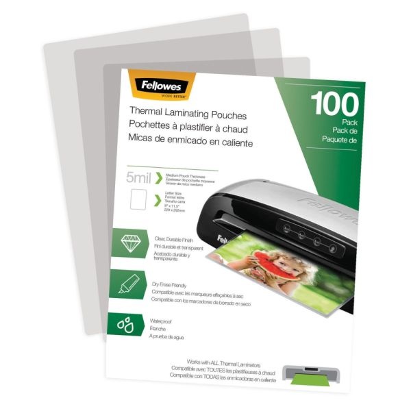 Fellowes Thermal Laminating Pouches, Letter, 5 Mil, 11 1/2" X 9", Clear, Pack Of 100