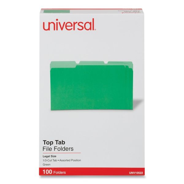 Universal Deluxe Colored Top Tab File Folders, 1/3-Cut Tabs: Assorted, Legal Size, Bright Green/Light Green, 100/Box