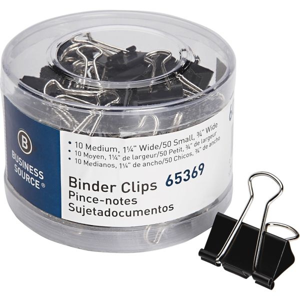 Business Source Small/Medium Binder Clips Set - Small, Medium - For Paper, Project, Document - 60 / Pack - Black