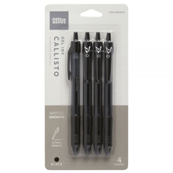 Callisto Retractable Gel Ink Pens, Medium Point, 0.7 Mm, Black Barrel, Black Ink, Pack Of 4 Pens