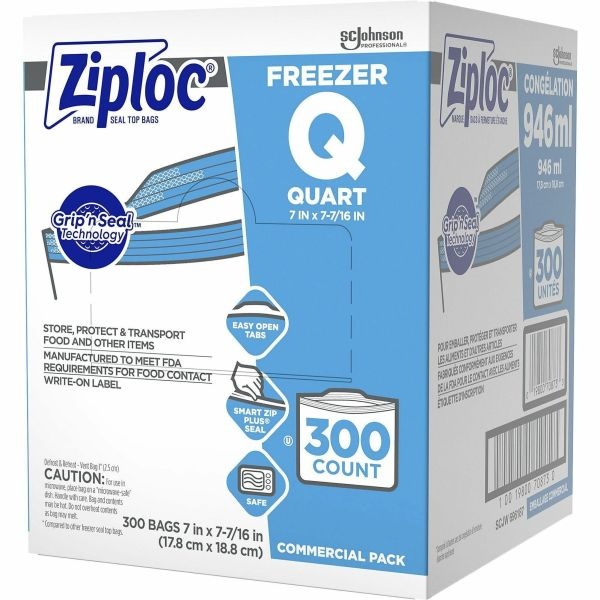 Ziploc Double Zipper Freezer Bags, 1 Qt, 2.7 Mil, 7" X 7.75", Clear, 300/Carton