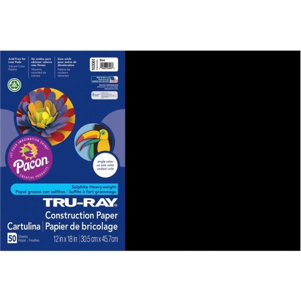 Pacon Tru-Ray Construction Paper, 76 Lb Text Weight, 12 X 18, Black, 50/Pack