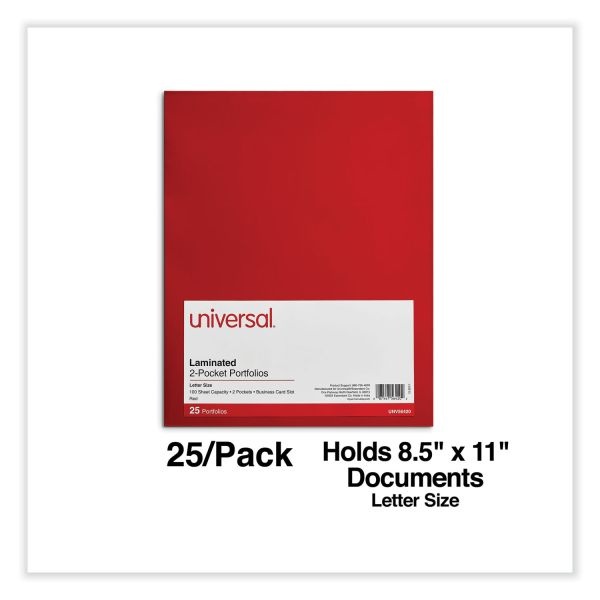 Universal Laminated Two-Pocket Folder, Cardboard Paper, 100-Sheet Capacity, 11 X 8.5, Red, 25/Box