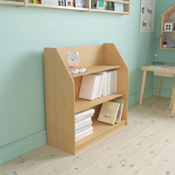 Hercules Natural Wooden 3 Shelf Book Display With Safe, Kid Friendly Curved Edges - Commercial Grade For Daycare, Classroom Or Playroom Storage