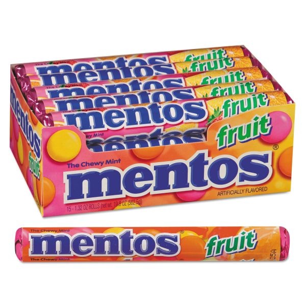 Mentos Chewy Mints, 1.32 Oz, Mixed Fruit, 15 Rolls/Box