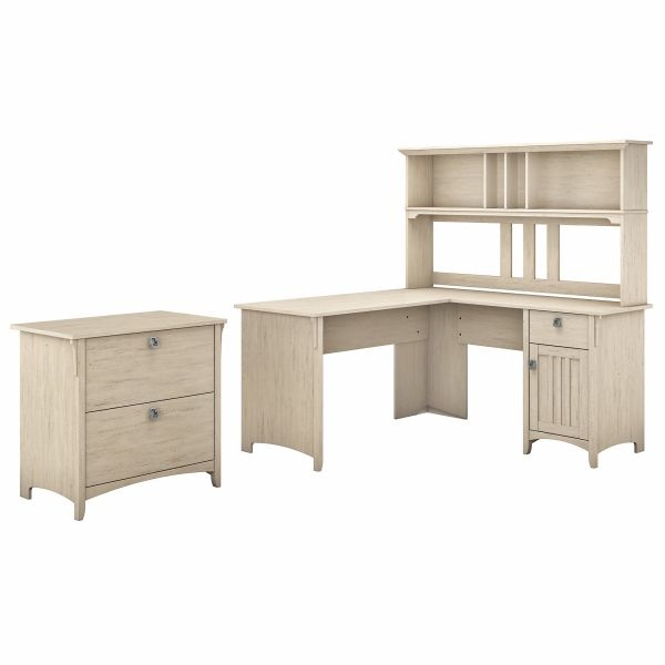 Bush Furniture Salinas 60W L Shaped Desk With Hutch And Lateral File Cabinet In Antique White