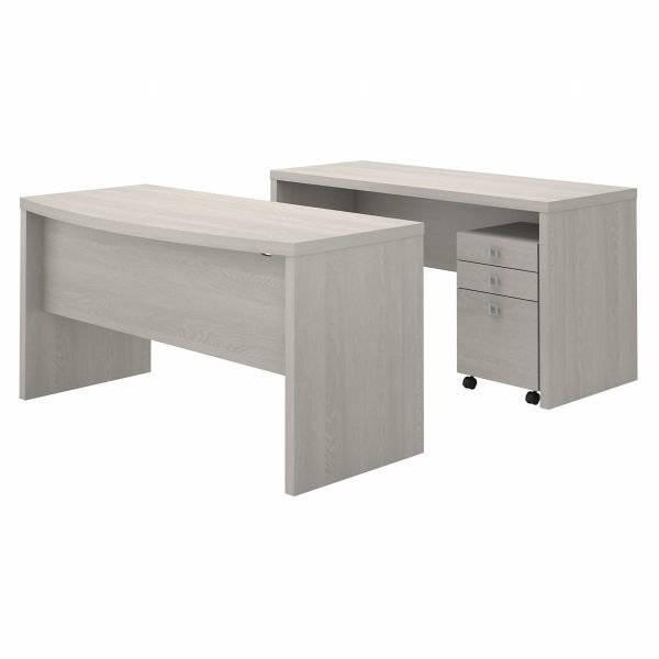 Office By Kathy Ireland Echo Bow Front Desk And Credenza With Mobile File Cabinet In Gray Sand