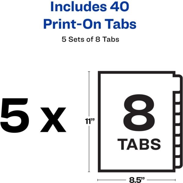 Avery Print-On Dividers, 8 1/2" X 11", Unpunched, 8-Tab, White Dividers/White Tabs, Pack Of 5 Sets